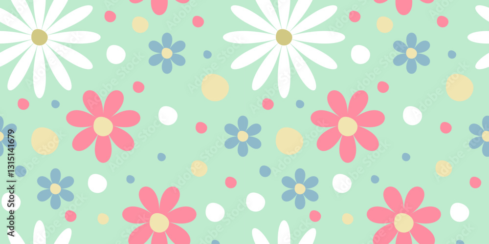 Summer pattern with flowers in pastel colors on a green background Summer pattern with flowers in pastel colors on a green background