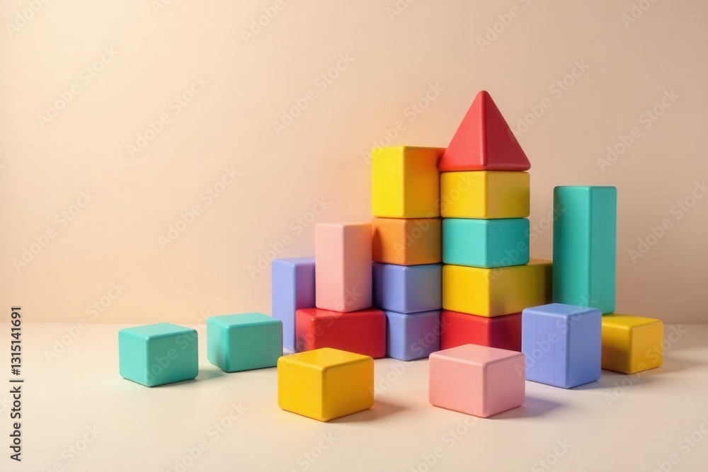 Fototapeta premium Pastel-colored wooden blocks arranged in a creative construction, showcasing vibrant hues and diverse shapes, ideal for educational or playful contexts.