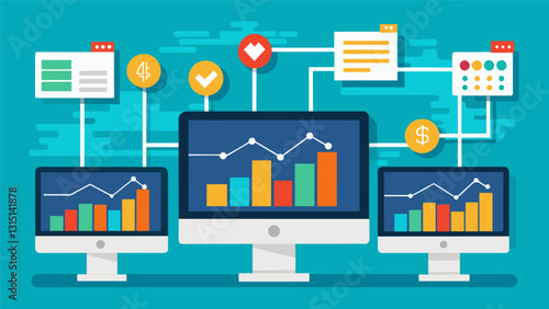 The constant flux of numbers and charts on computer screens is a representation of algorithms analyzing and adapting to the everchanging financial market.. Vector illustration