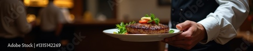 A waiter's hand carries a plate of sizzling steak , restaurant, catering service