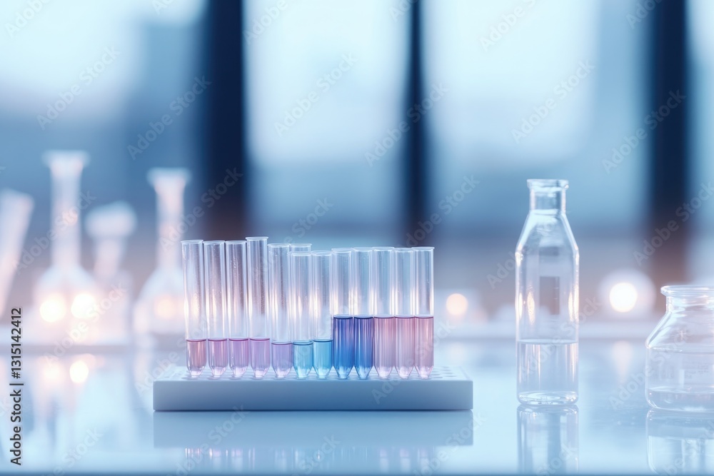 close-up of laboratory workbench with test tubes filled with colorful liquids and pipettes brightly lit in orderly close-up of laboratory workbench with test tubes filled with colorful liquids and pipettes brightly lit in orderly