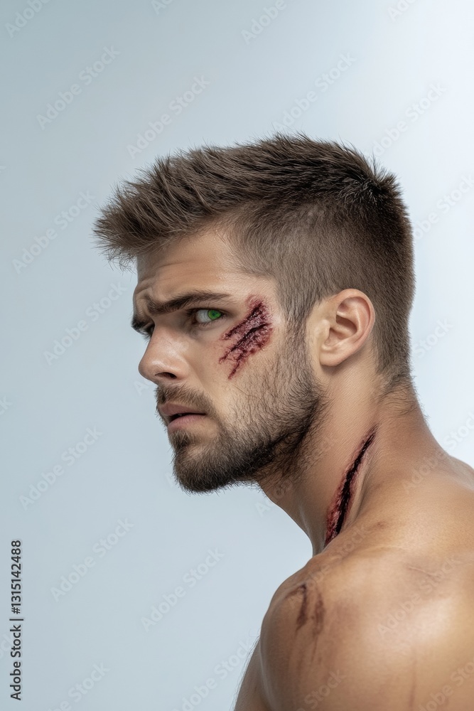 Obraz premium Adult man with medium skin and stubble has theatrical wounds and green eyes looking to the side, against a plain background