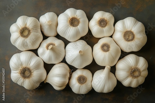 Garlic cloves with papery skins slightly peeled, revealing fresh, plump white bulbs inside photo