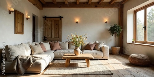 Relaxing Sectional Sofa in a Rustic Living Room with Natural Light and Wooden Beams