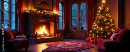 Wallpaper Mural Chic space, glowing fireplace, ornate Christmas tree, winter wonderland, sitting room Torontodigital.ca