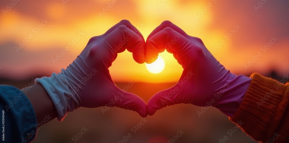 Fototapeta premium Close-up,gloved hands forming heart; vibrant sunset, element, graphic