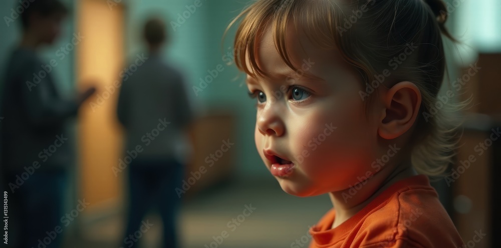 Close-up of a fearful child; blurred figures arguing , fear, helplessness, parental issues Close-up of a fearful child; blurred figures arguing , fear, helplessness, parental issues