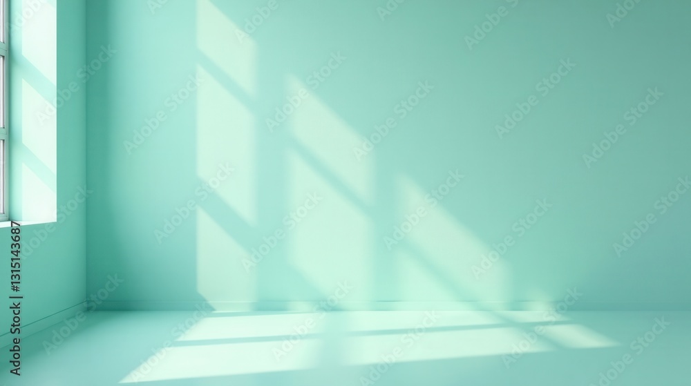 Serene Minimalist Room Interior with Light Streaming Through a Window, Casting Gentle Shadows on the Walls and Floor Serene Minimalist Room Interior with Light Streaming Through a Window, Casting Gentle Shadows on the Walls and Floor