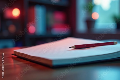 Close-up of notebook, playful sounds in background, paper, pen, study