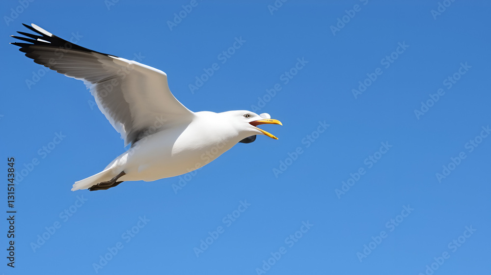 Obraz premium Seagull squawking with open beak against blue sky, ideal for nature projects