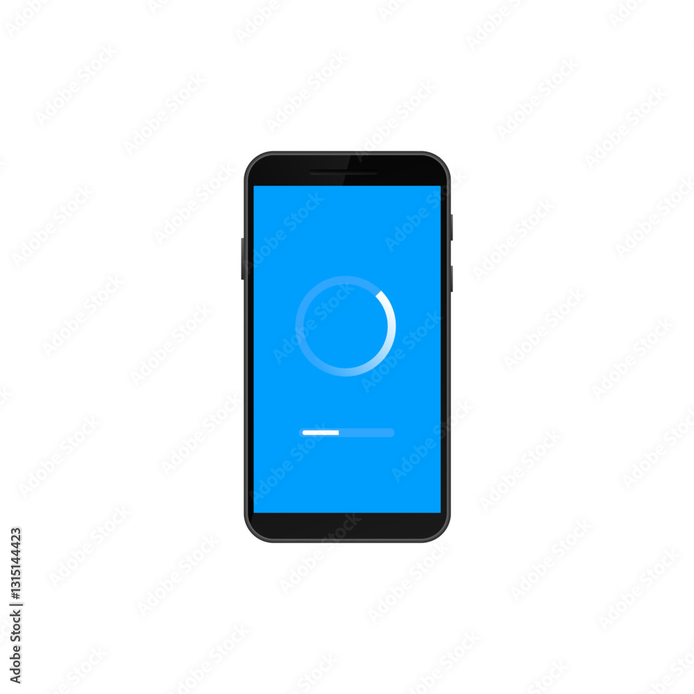 Black smartphone showing a blue screen with loading circle and white progress bar in the center. Black smartphone showing a blue screen with loading circle and white progress bar in the center.