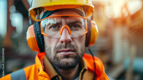 Close-up portrait of a serious male construction worker wearing a yellow hard hat, safety goggles, and ear protection at a construction site.