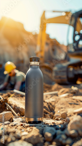 A reusable water bottle stands in focus on a construction site with an excavator and worker in the background.