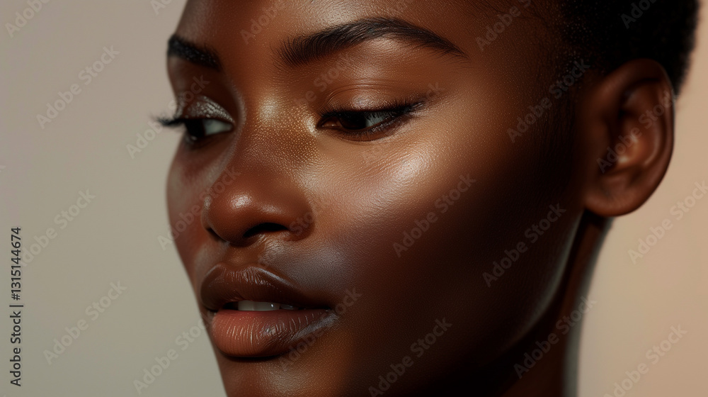 Close-up portrait of a young Black woman with glowing skin and subtle makeup, highlighting her natural beauty. Close-up portrait of a young Black woman with glowing skin and subtle makeup, highlighting her natural beauty.