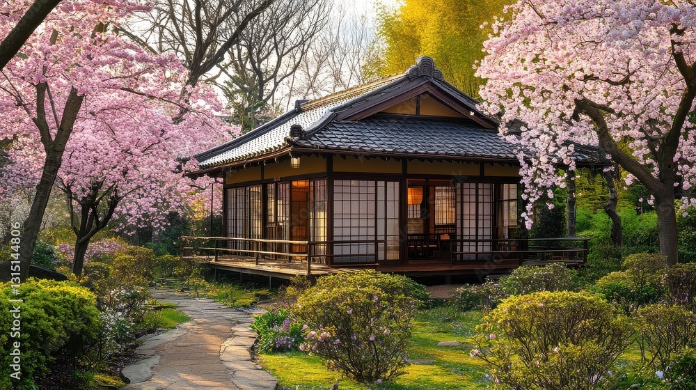 Serene Tea House Surrounded by Blooming Cherry Tree Serene Tea House Surrounded by Blooming Cherry Tree