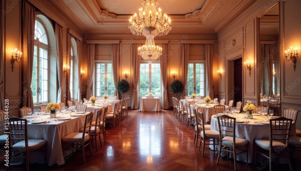 Obraz premium Elegant ballroom, crystal chandeliers, fine china, hotel, design, luxury