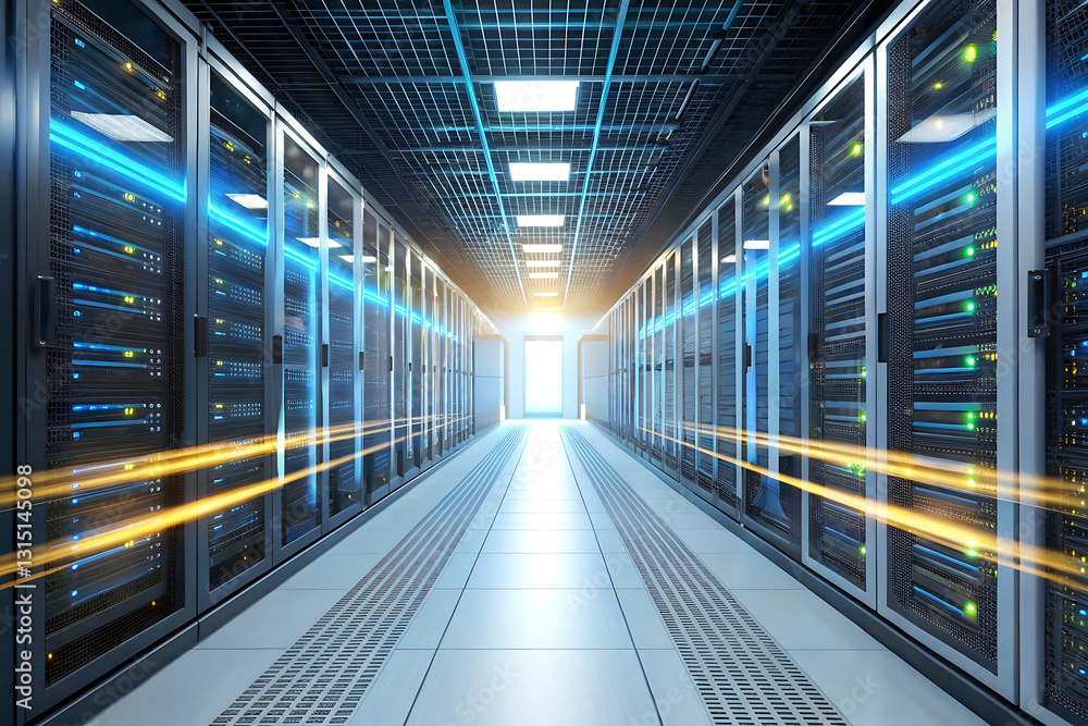 Obraz premium Server Room Data Center: Rows of powerful servers illuminate a data center's network, signifying the technological infrastructure powering the digital age. Streaks of digital data illuminate the rows.
