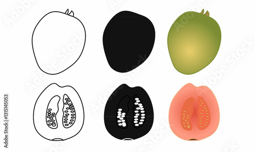 A set of guava fruit icons in outline, solid, and colored styles. Includes whole and sliced guava illustrations. Perfect for food, nutrition, and tropical fruit designs