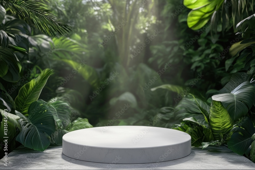 Empty white pedestal in lush jungle setting Empty white pedestal in lush jungle setting
