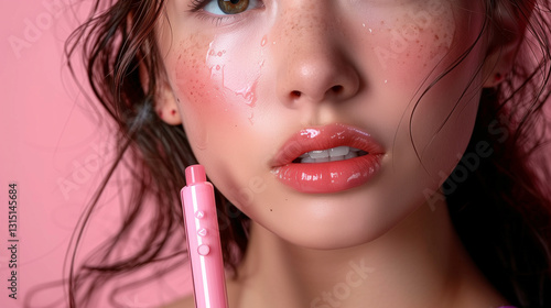 Close-up portrait of a young woman with freckles, wet skin, and glossy lips, holding a pink pen.