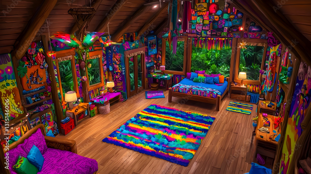 Naklejka premium Colorful Bohemian Bedroom in Jungle Treehouse; Relaxing Getaway; Lush Greenery Background; Vacation Rental
