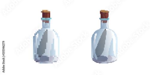 Two glass bottles with a clear blue tint are shown with cork stoppers. simple and elegant design.