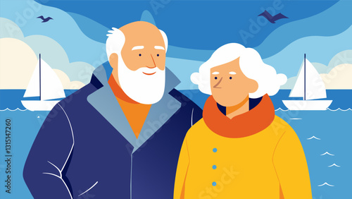 An older couple bundled up in heavy jackets braving the colder weather for a day of sailing and bonding with their fellow club members.. Vector illustration