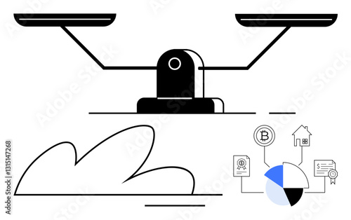 Balancing scale over abstract shape alongside pie chart connected to cryptocurrencies, house, paperwork. Ideal for finance, investment, equity, balance, cost analysis, blockchain cryptocurrency