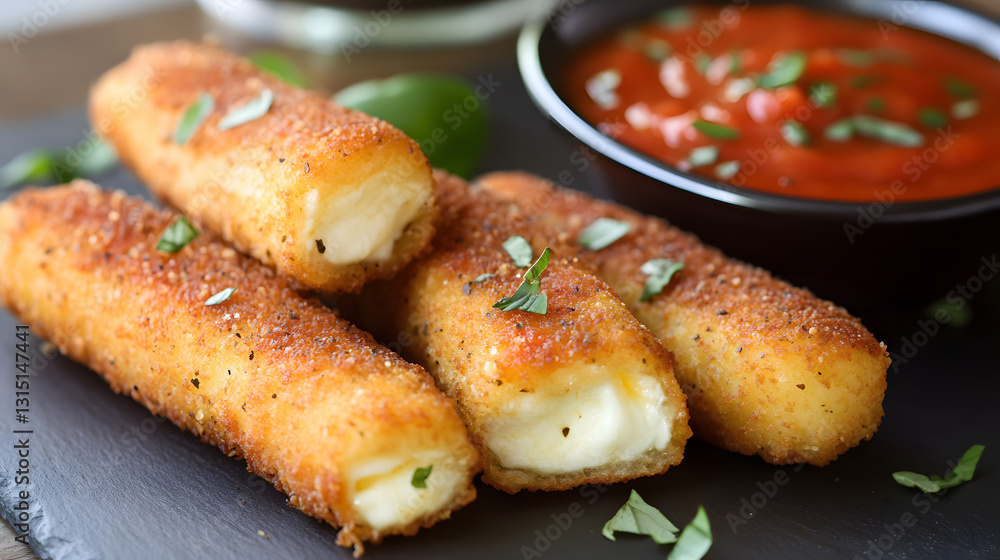 Crispy mozzarella sticks with a savory cheese filling, served with a tangy marinara dipping sauce as a delicious starter for an Italian dinner. Crispy mozzarella sticks with a savory cheese filling, served with a tangy marinara dipping sauce as a delicious starter for an Italian dinner.