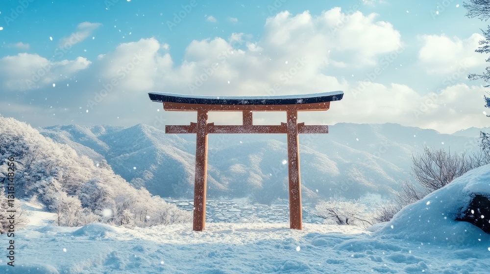 Snow-laden Torii Gate in Serene Mountain Landscape Snow-laden Torii Gate in Serene Mountain Landscape