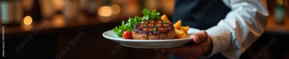 A waiter's hand carries a plate of sizzling steak , meat, close up, delicious food A waiter's hand carries a plate of sizzling steak , meat, close up, delicious food