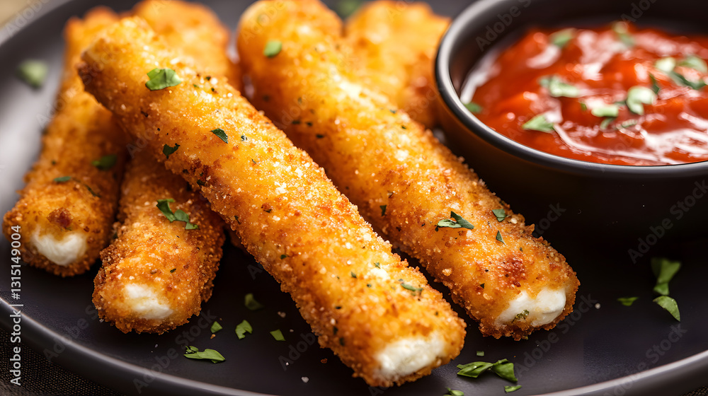 Crispy mozzarella sticks with a tangy sweet and sour sauce served on the side, golden and fried to perfection. Crispy mozzarella sticks with a tangy sweet and sour sauce served on the side, golden and fried to perfection.