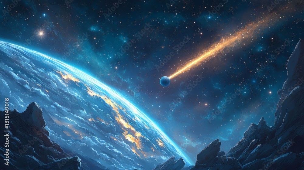 Comet Streaking Past Earth In Pixel Art Space Scene Comet Streaking Past Earth In Pixel Art Space Scene