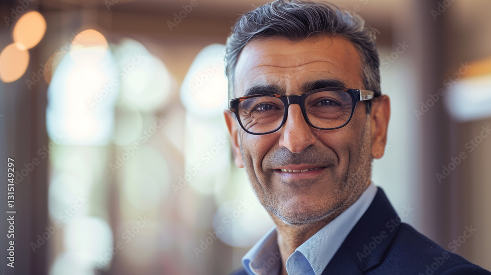 Portrait of a middle-aged man with glasses, smiling confidently in a blurred indoor setting. Portrait of a middle-aged man with glasses, smiling confidently in a blurred indoor setting.