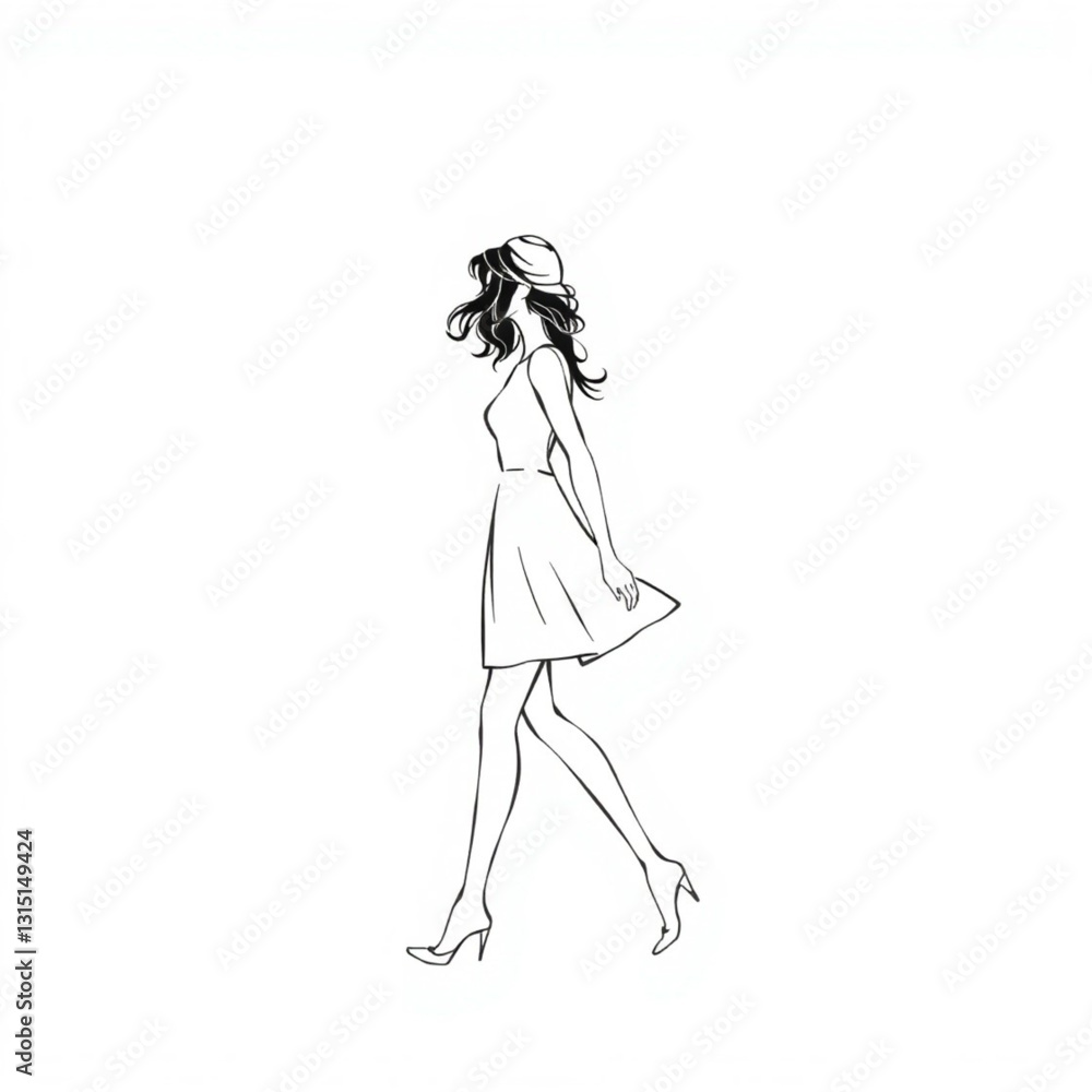 A single black line drawing cartoon profile of a walking woman with a hat and dark hair _1.eps A single black line drawing cartoon profile of a walking woman with a hat and dark hair _1.eps