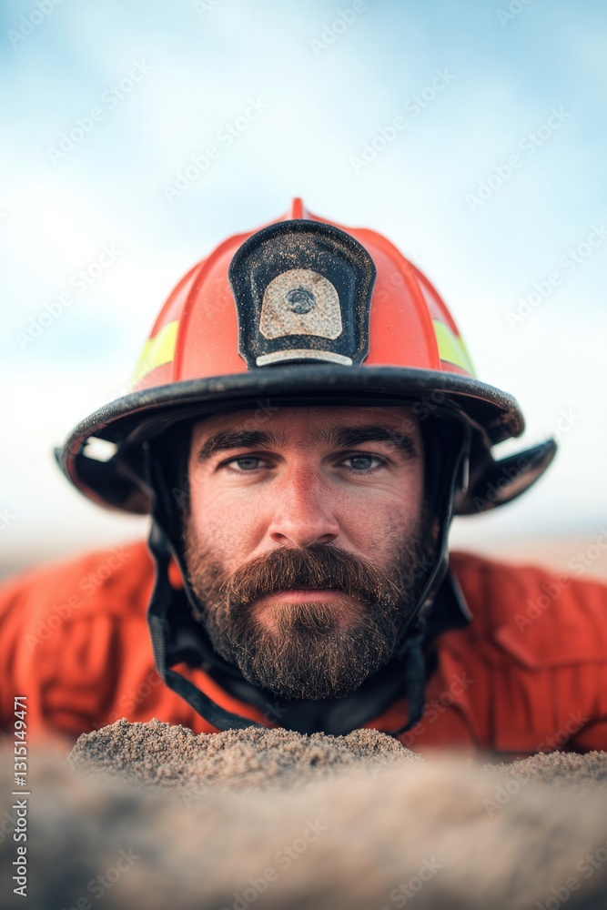 Fototapeta premium close-up of firefighter helmet resting on ground with plenty of copy space above