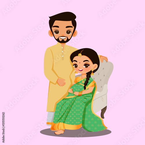 Indian Husband and Pregnant Wife Vector Illustration | Traditional Saree Attire