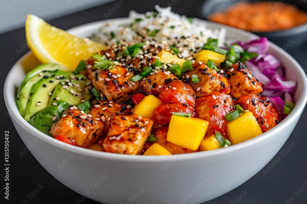 Vibrant plant-based poke bowl with mango, avocado, marinated tofu, fresh vegetables, sesame seeds, and a lemon wedge for a healthy, colorful meal Vibrant plant-based poke bowl with mango, avocado, marinated tofu, fresh vegetables, sesame seeds, and a lemon wedge for a healthy, colorful meal