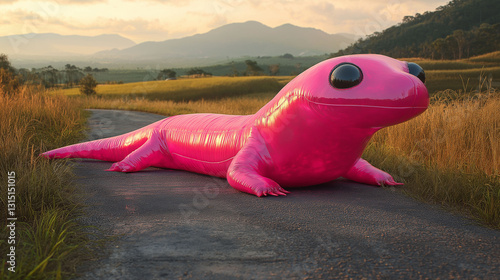 Wallpaper Mural A massive pink inflatable gecko lies naturally on a countryside road in Chiang Mai, Thailand, reflecting the golden sunset Torontodigital.ca