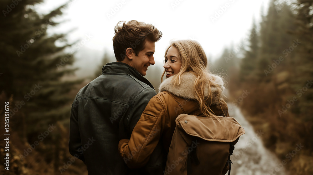 Couple smiles while walking through foggy forest in autumn Couple smiles while walking through foggy forest in autumn