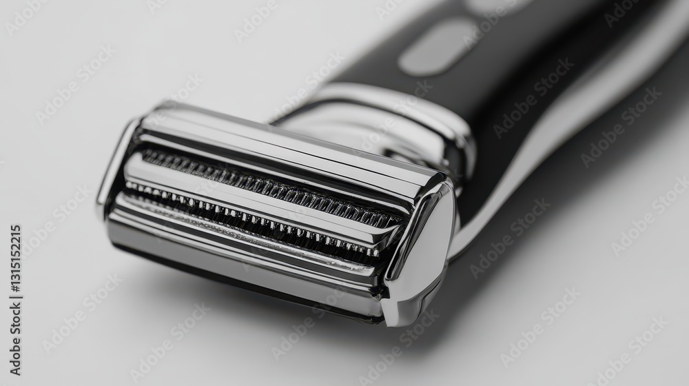 A close-up of an electric razor with a detailed shaving head, on a white isolated background A close-up of an electric razor with a detailed shaving head, on a white isolated background
