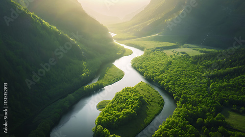 A tranquil river winding through a lush valley, with sunlight reflecting off the water in