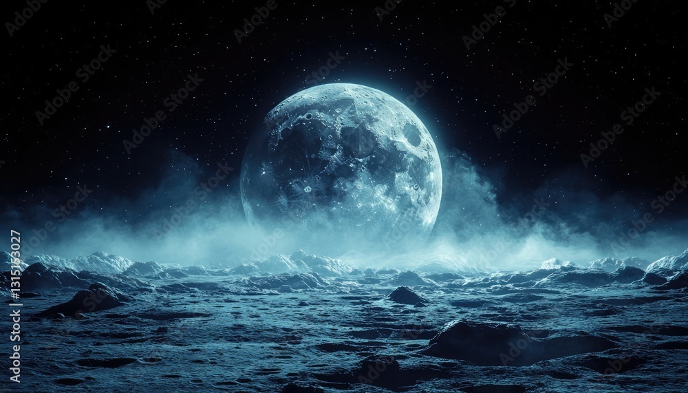 Fototapeta premium Giant Moon Rising Over A Misty Alien Landscape With A Starry Sky Creating A Futuristic Cosmic Scene