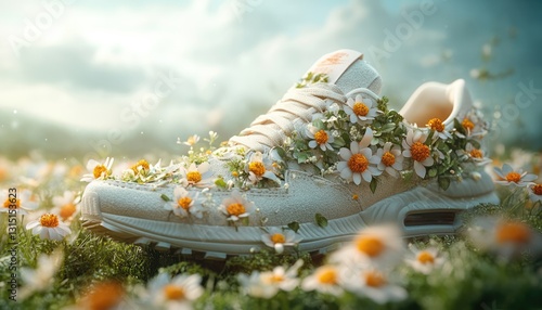 Floral-Decorated Sneaker In A Natural Setting With Daisies And Greenery