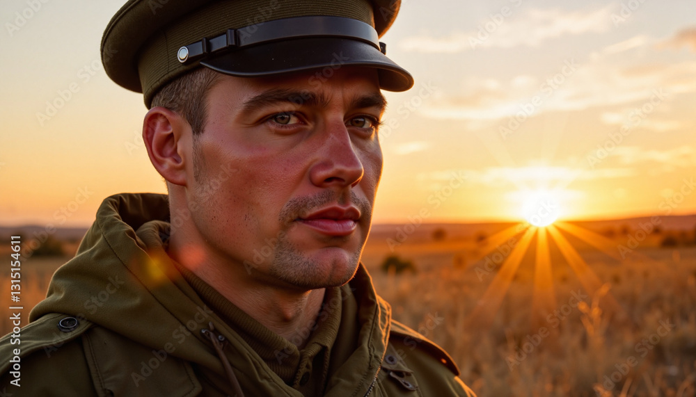 Fototapeta premium Determined Soviet soldier gazing into the sunrise, resilience symbolized