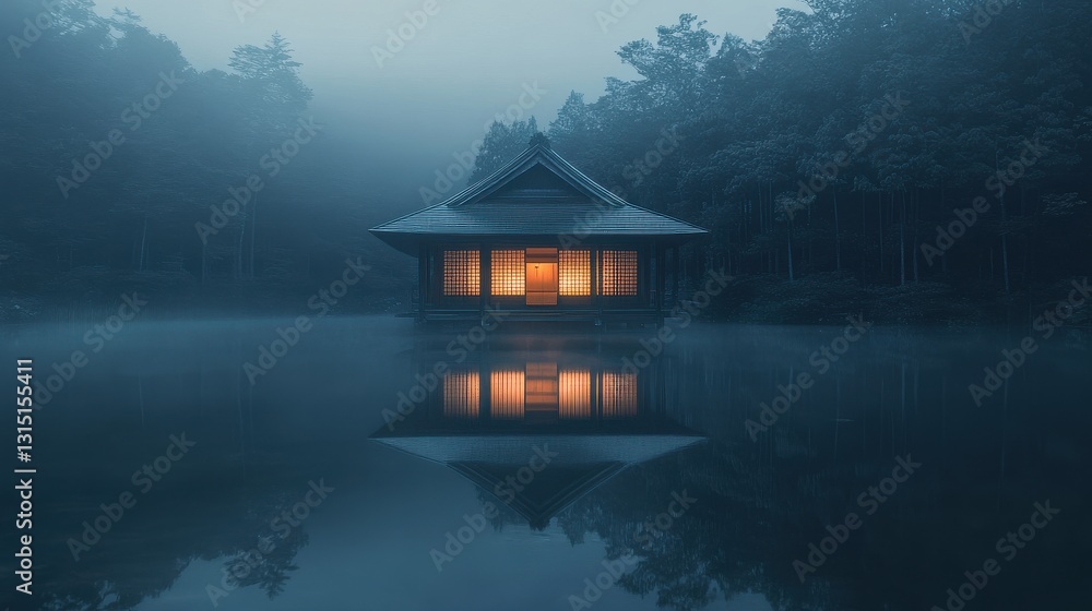 Fototapeta premium Traditional Japanese Pavilion Reflected in Serene Lake