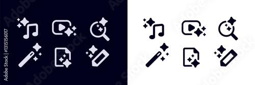 Two sets of simple icons show music note, file, magnifying glass, magic wand, and erasing tool.