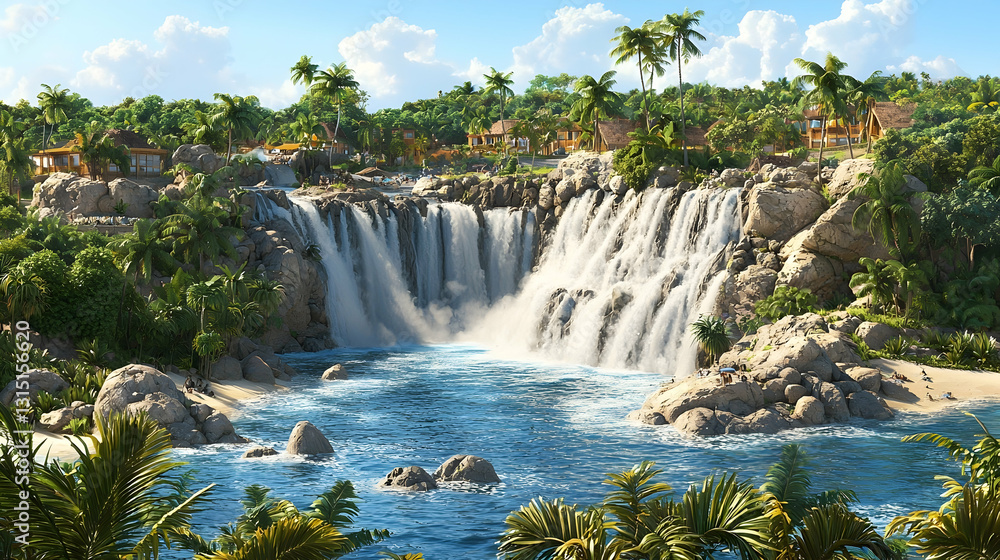 Obraz premium Tropical Waterfall Paradise Tourists relax on beach near cascading waterfall, lush vegetation and bungalows in background. Ideal for travel brochures