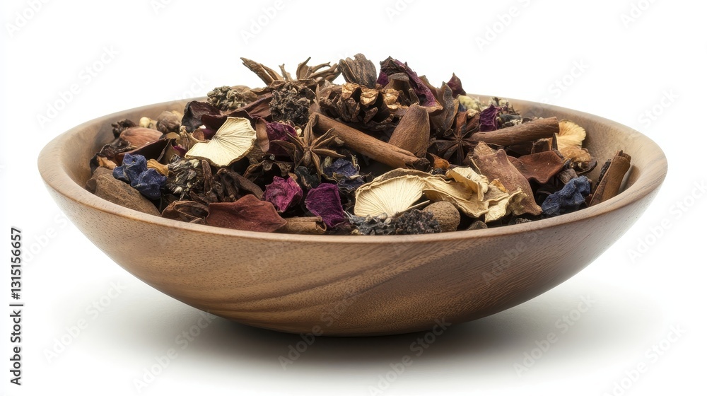 A decorative ceramic bowl filled with dried potpourri on a white isolated background A decorative ceramic bowl filled with dried potpourri on a white isolated background