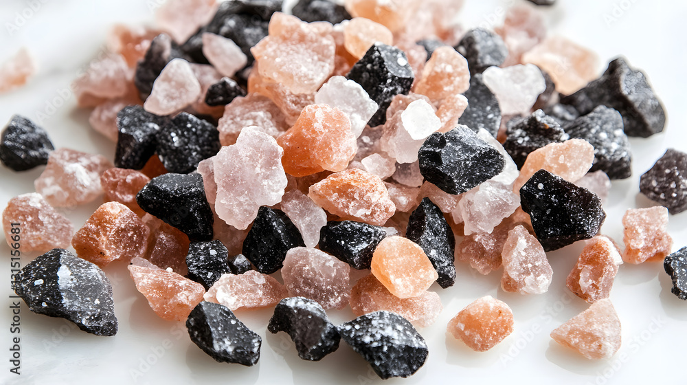 Dark black Himalayan salt scattered on a white surface, the crystals sparkling as they catch the light, creating a visual feast for the eyes. Dark black Himalayan salt scattered on a white surface, the crystals sparkling as they catch the light, creating a visual feast for the eyes.
